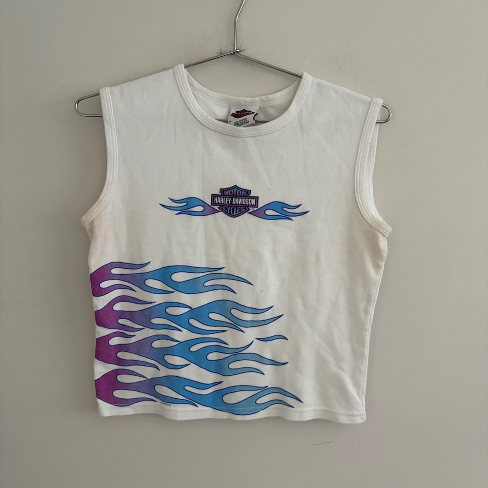 Harley Davidson Richmond VA White Blue Flame Sleeveless Crop Tank Top Medium